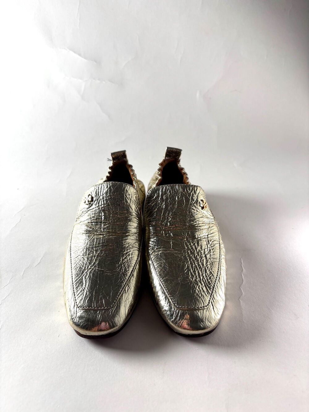 Vintage Tory Burch Metallic Gold Leather Loafers Crinkled Leather